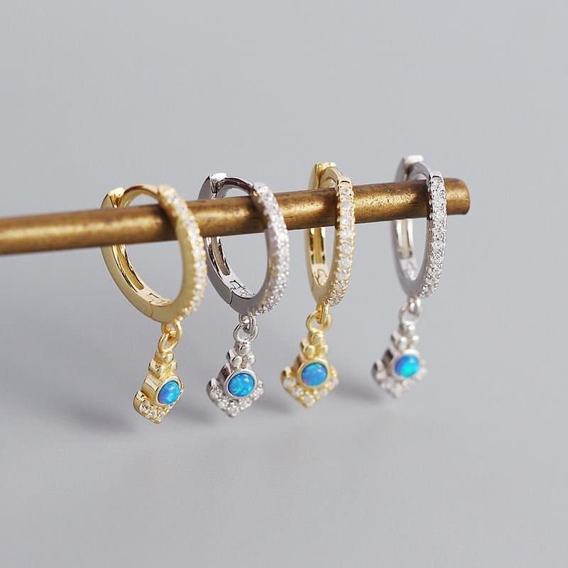 Elegant Geometric Bohemia Created Opal 925 Sterling Silver Hoop Earrings