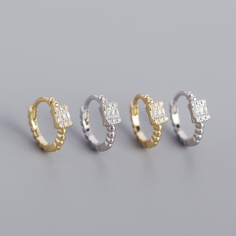 CZ Rectangle Geometric 925 Sterling Silver Huggie Hoop Earrings