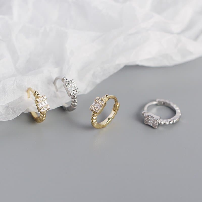 CZ Rectangle Geometric 925 Sterling Silver Huggie Hoop Earrings