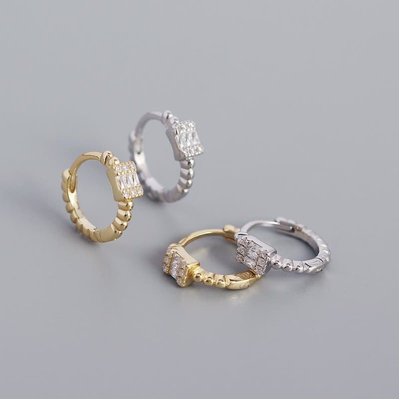 CZ Rectangle Geometric 925 Sterling Silver Huggie Hoop Earrings