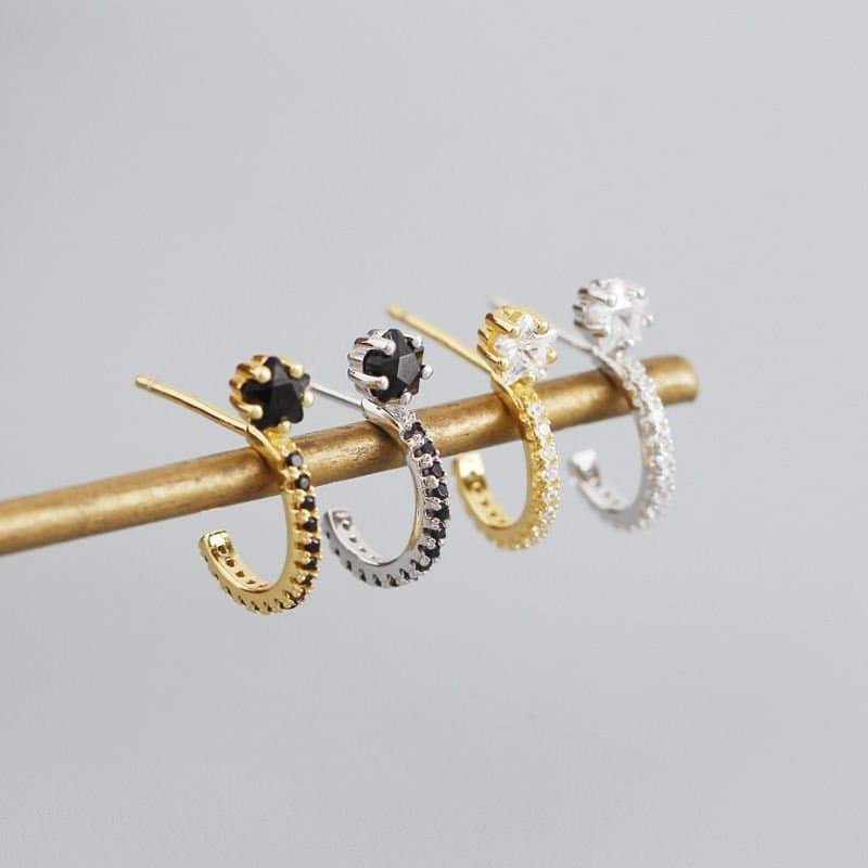CZ Star C Shape 925 Sterling Silver Stud Earrings