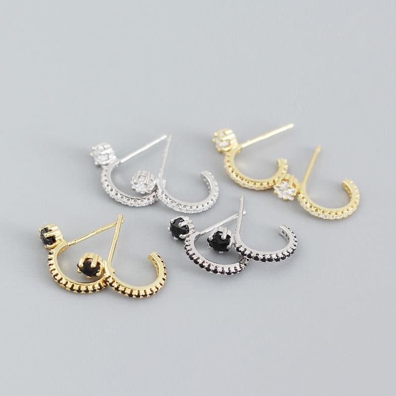 CZ Star C Shape 925 Sterling Silver Stud Earrings