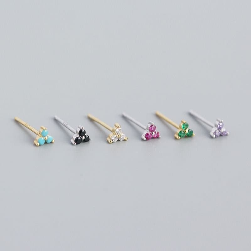Mini CZ Lucky Three Leaf Clover 925 Sterling Silver Stud Earrings
