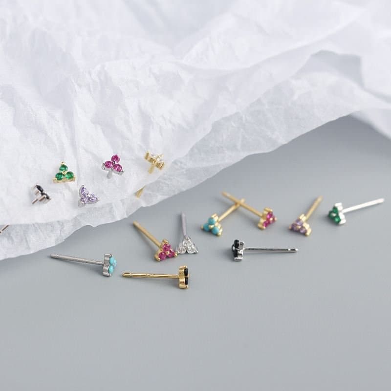 Mini CZ Lucky Three Leaf Clover 925 Sterling Silver Stud Earrings