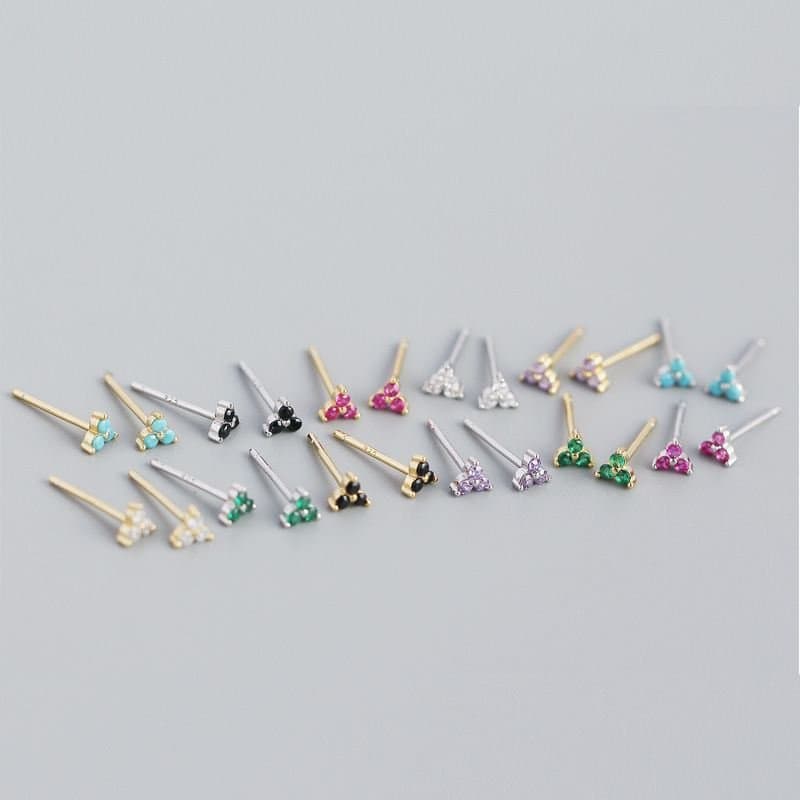 Mini CZ Lucky Three Leaf Clover 925 Sterling Silver Stud Earrings