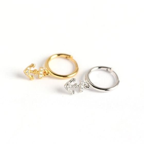 Geometric CZ Ship's Anchor 925 Sterling Silver Hoop Earrings