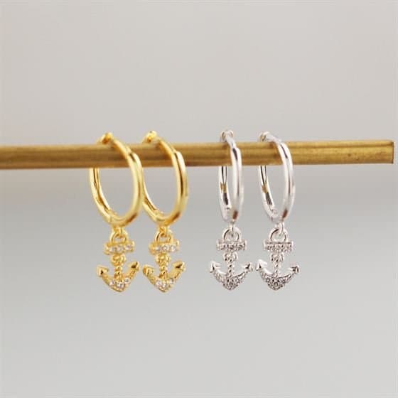 Geometric CZ Ship's Anchor 925 Sterling Silver Hoop Earrings