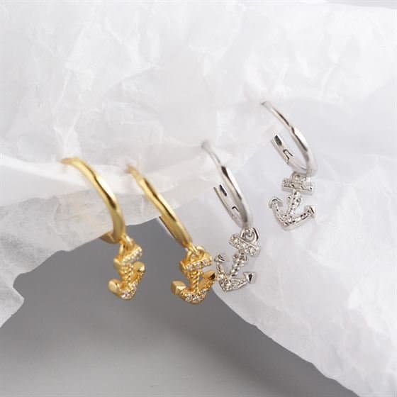 Geometric CZ Ship's Anchor 925 Sterling Silver Hoop Earrings