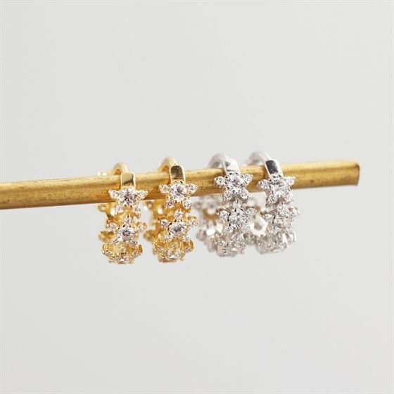 Geometric CZ Stars 925 Sterling Silver Huggie Hoop Earrings