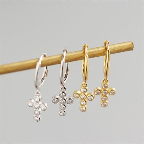 Geometric CZ Cross Tassel 925 Sterling Silver Hoop Earrings