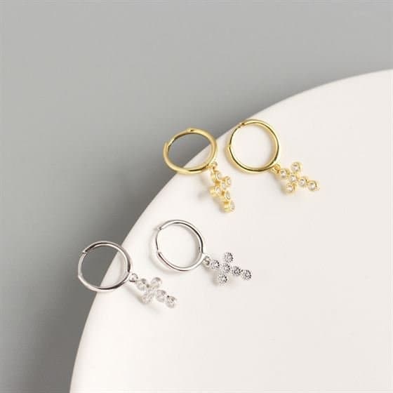 Geometric CZ Cross Tassel 925 Sterling Silver Hoop Earrings