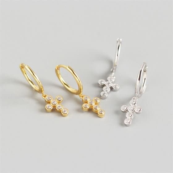 Geometric CZ Cross Tassel 925 Sterling Silver Hoop Earrings