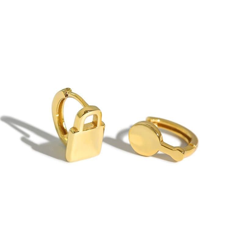 Asymmetric Lock Key 925 Sterling Silver Hoop Earrings