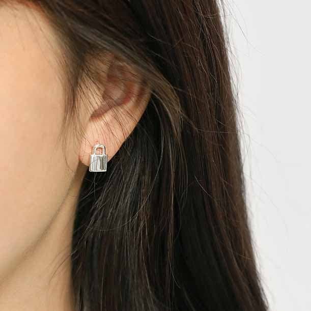 Asymmetric Lock Key 925 Sterling Silver Hoop Earrings