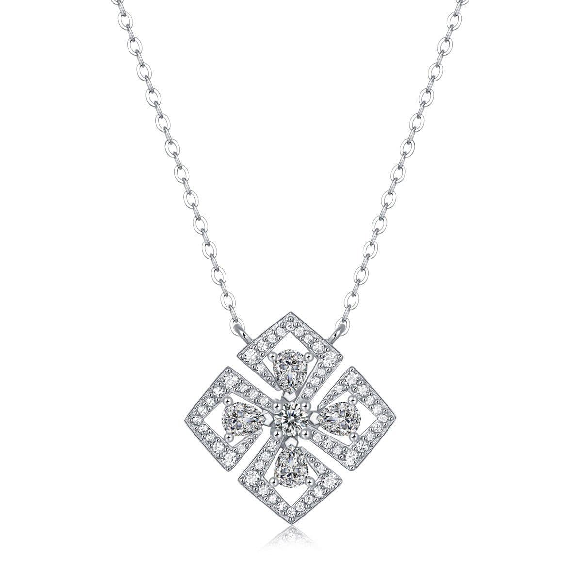 Elegant Moissanite CZ Geometric Four Leaf Clover 925 Sterling Silver Necklace