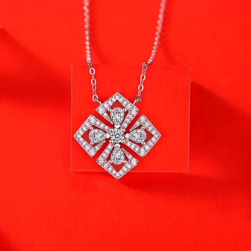 Elegant Moissanite CZ Geometric Four Leaf Clover 925 Sterling Silver Necklace