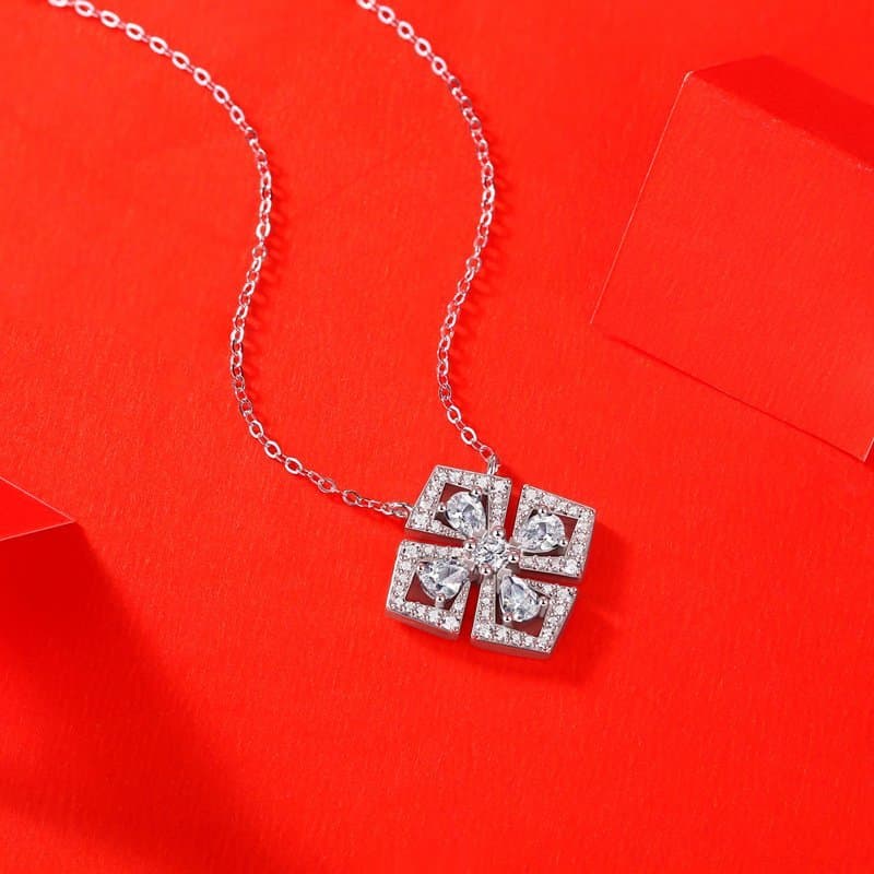 Elegant Moissanite CZ Geometric Four Leaf Clover 925 Sterling Silver Necklace