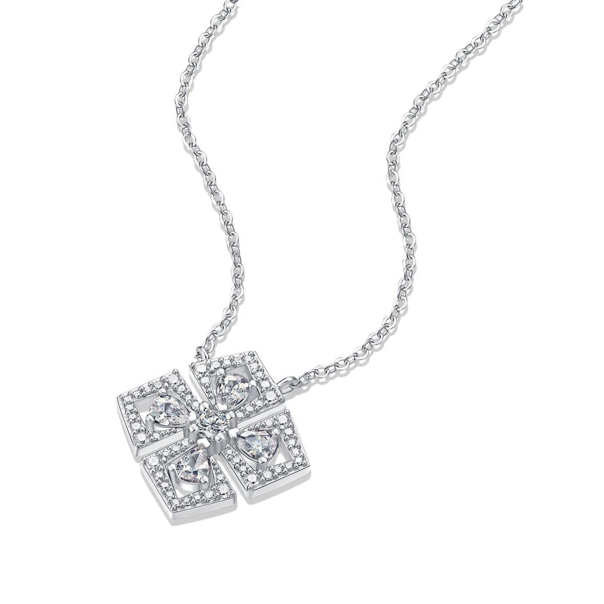 Elegant Moissanite CZ Geometric Four Leaf Clover 925 Sterling Silver Necklace