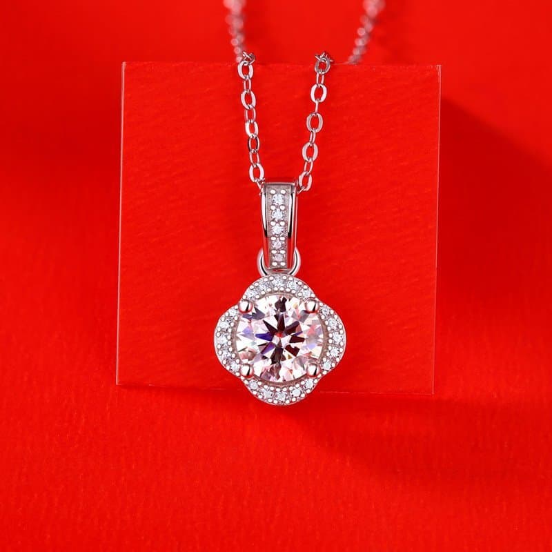 Moissanite CZ Four Petal Flower 925 Sterling Silver Necklace