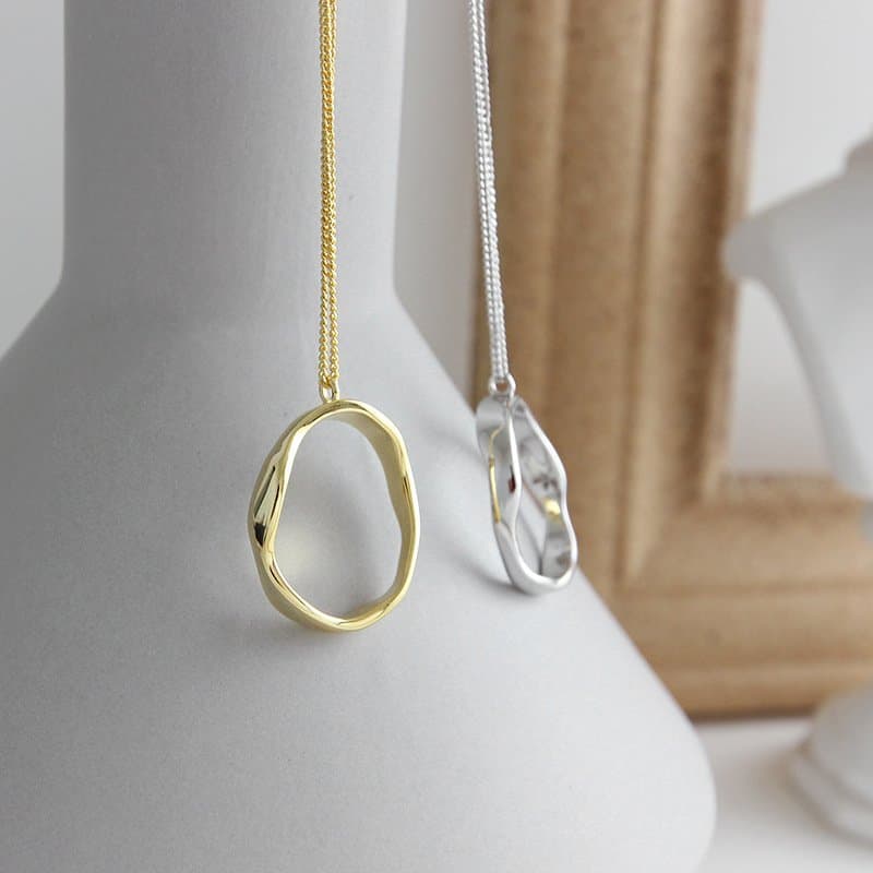 Irregular Geometric Wave Circle 925 Sterling Silver Necklace