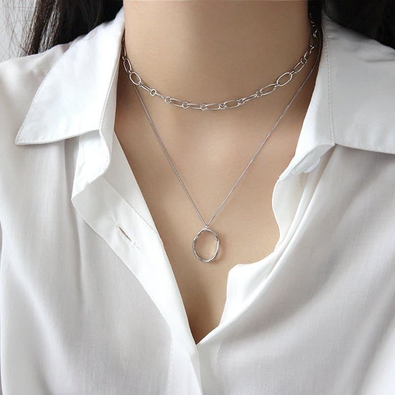 Irregular Geometric Wave Circle 925 Sterling Silver Necklace