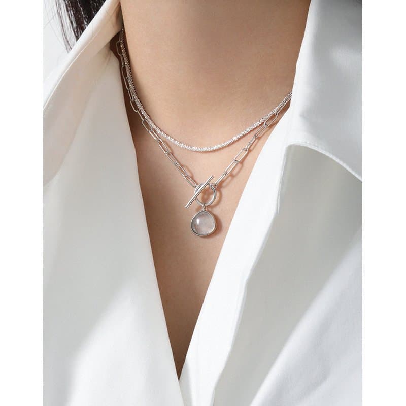 Round Natural Crystal OT Hollow Chain 925 Sterling Silver Necklace