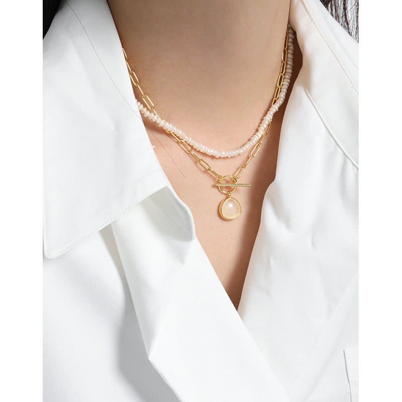 Round Natural Crystal OT Hollow Chain 925 Sterling Silver Necklace