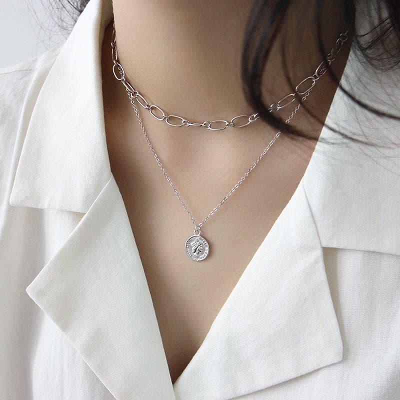 Portrait Letters Coin 925 Sterling Silver Necklace