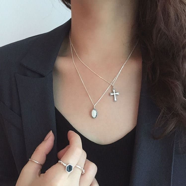 Minimalism Vintage Round Heart Square Cross 925 Sterling Silver Necklace
