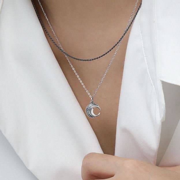 Crescent Moon Stars 925 Sterling Silver Necklace