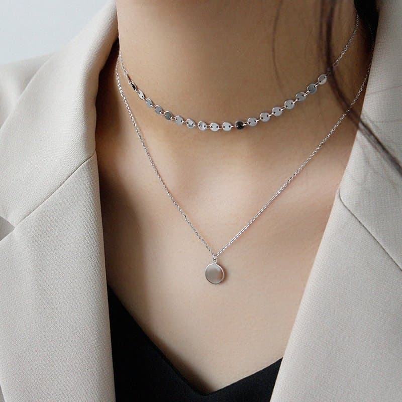 Geometric Wafer Double Layer 925 Sterling Silver Necklace