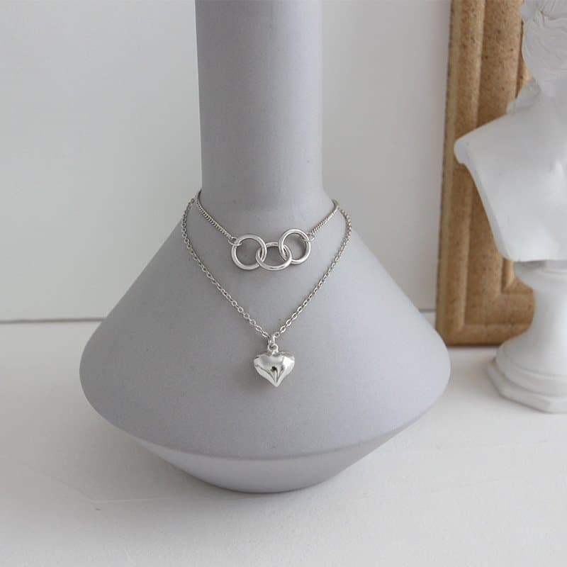 Double Circles Heart Love 925 Sterling Silver Necklace