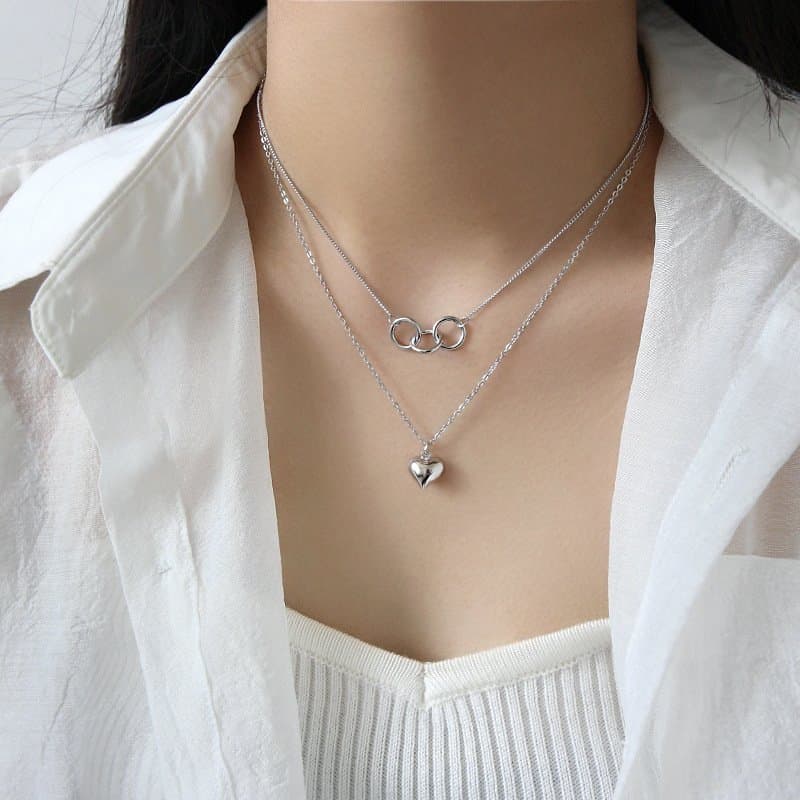 Double Circles Heart Love 925 Sterling Silver Necklace
