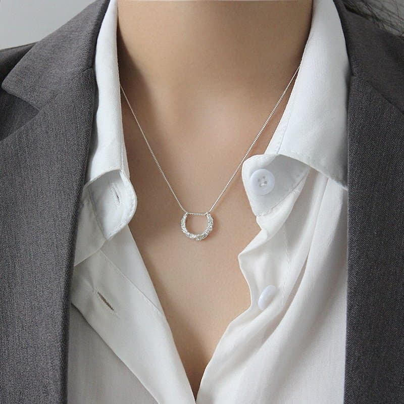Classic Geometric Irregular Surface Semicircle 925 Sterling Silver Necklace