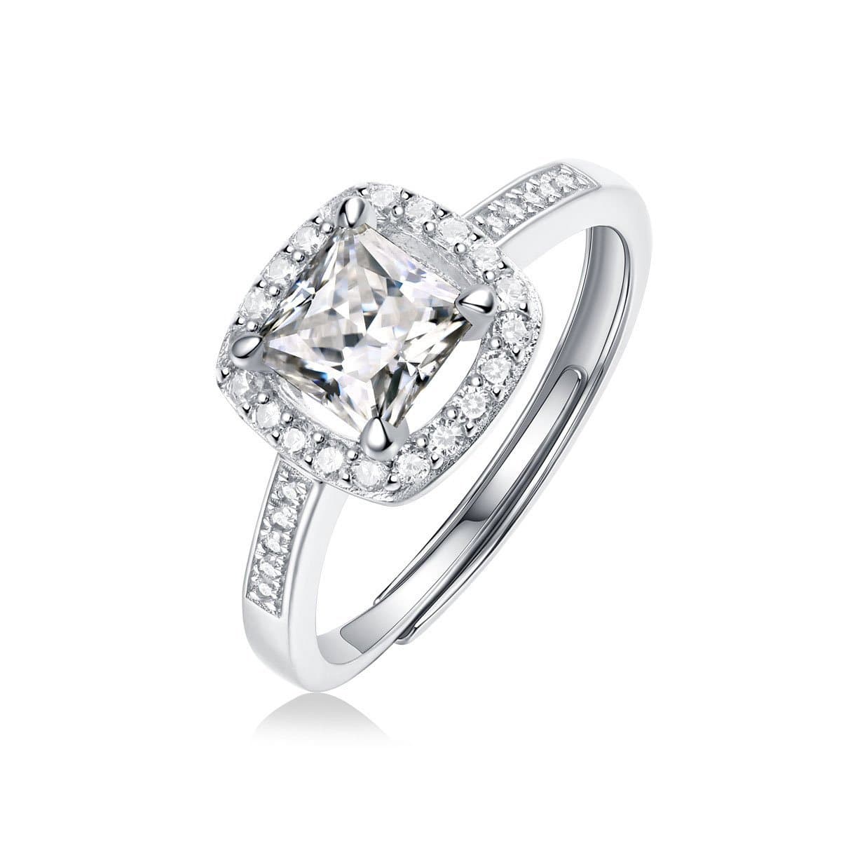 Shining Moissanite CZ Square 925 Sterling Silver Adjustable Ring