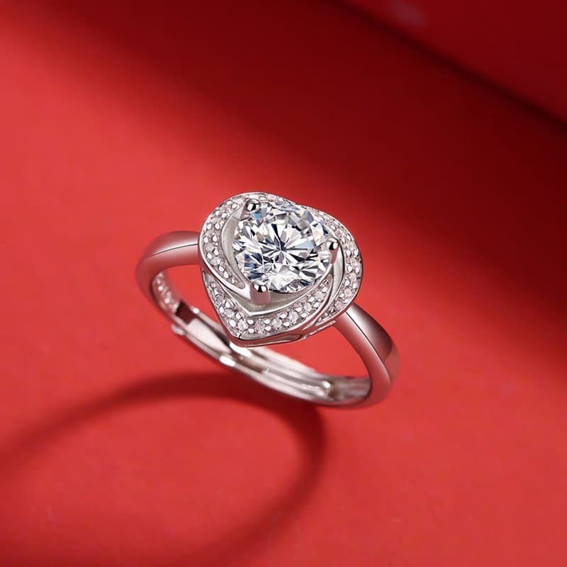 Irregular Moissanite CZ Heart 925 Sterling Silver Adjustable Ring