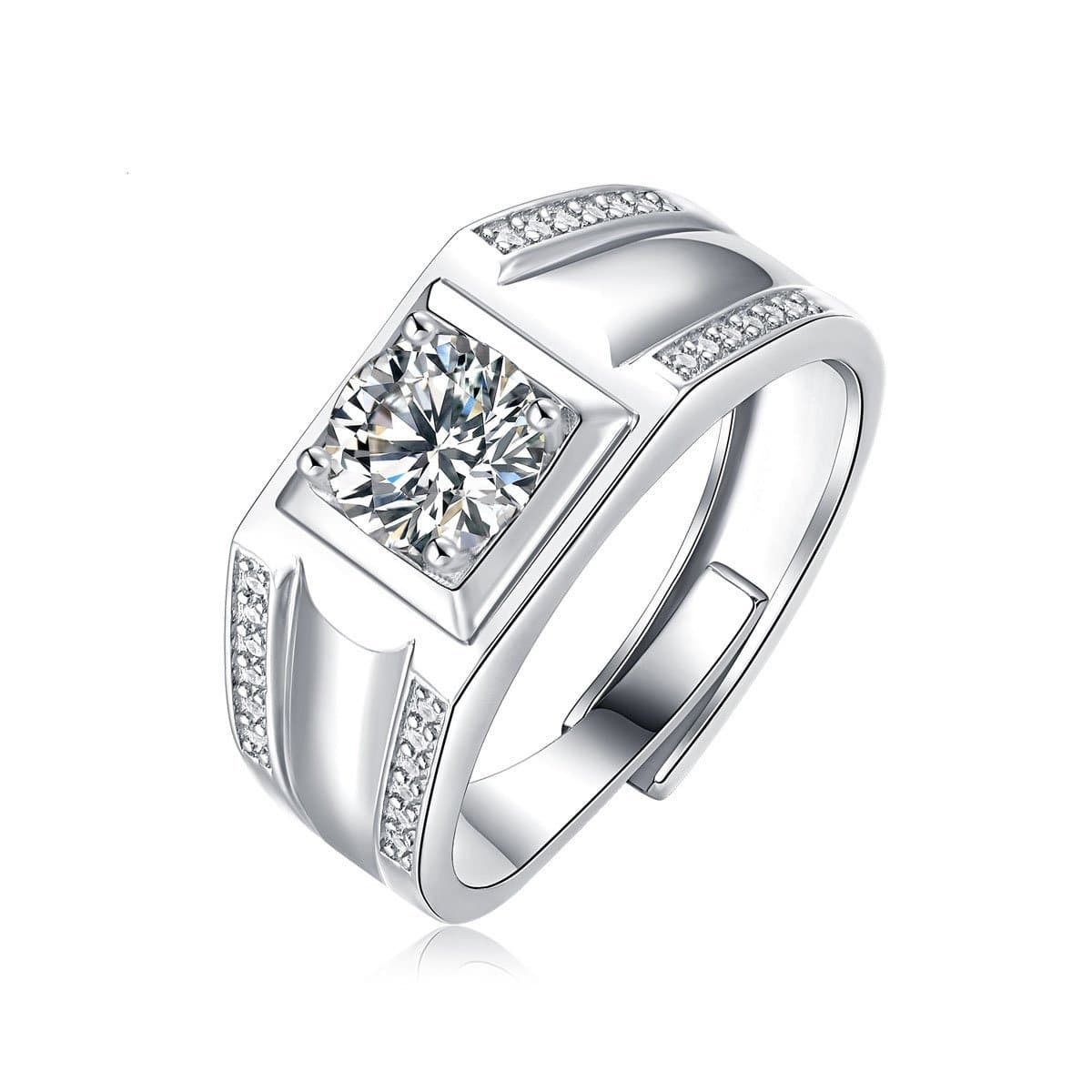Men's Moissanite CZ Geometric Square 925 Sterling Silver Adjustable Ring