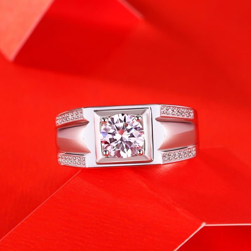 Men's Moissanite CZ Geometric Square 925 Sterling Silver Adjustable Ring
