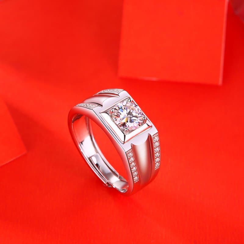 Men's Moissanite CZ Geometric Square 925 Sterling Silver Adjustable Ring
