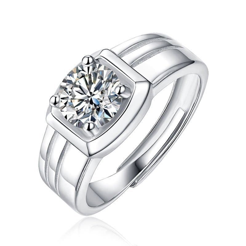 Men Moissanite CZ Geometric Square 925 Sterling Silver Adjustable Ring
