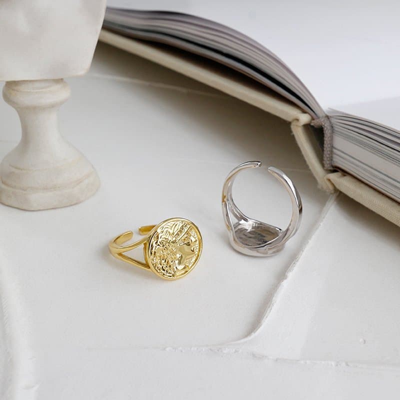 Portrait Coin Round 925 Sterling Silver Adjustable Ring