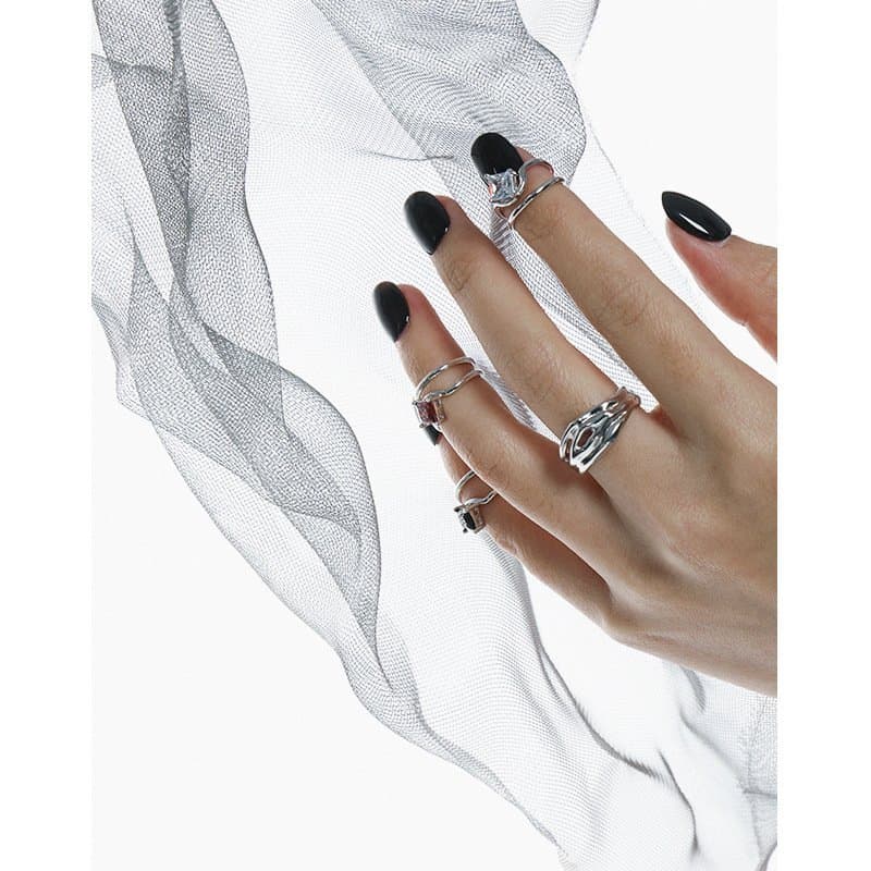 Geometric Square CZ Double Layers 925 Sterling Silver Adjustable Tail Ring