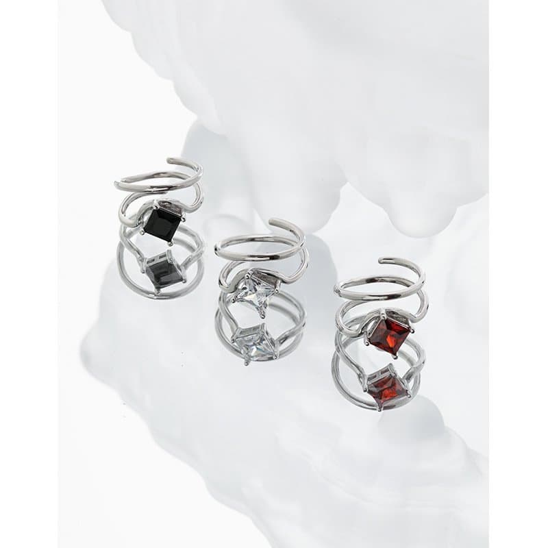 Geometric Square CZ Double Layers 925 Sterling Silver Adjustable Tail Ring