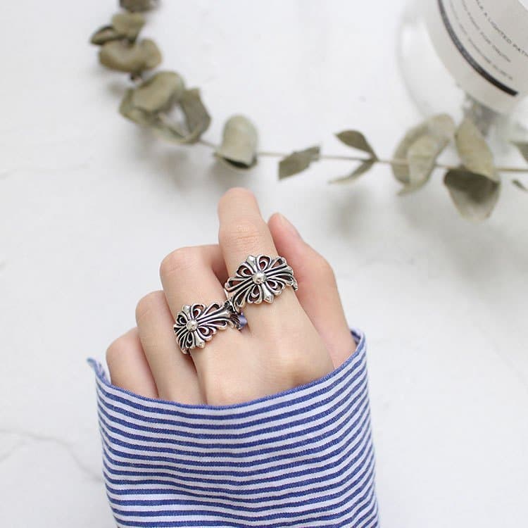 Vintage Cross Flower 925 Sterling Silver Adjustable Ring