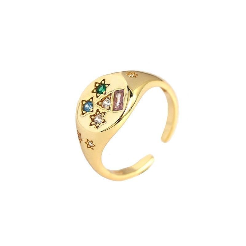 Geometric Colourful CZ Stars Rectangle 925 Sterling Silver Adjustable Ring