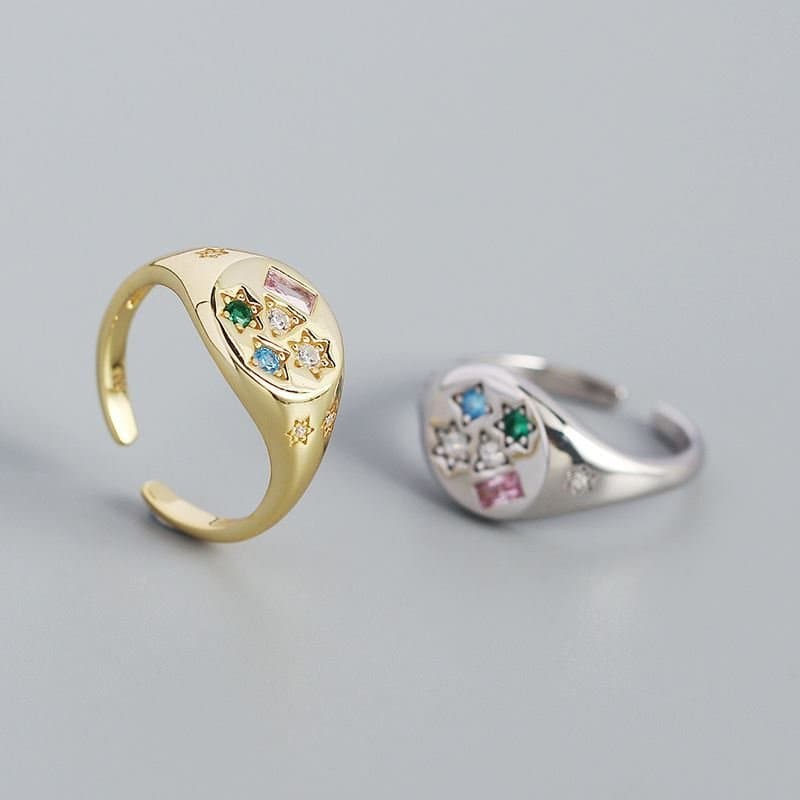 Geometric Colourful CZ Stars Rectangle 925 Sterling Silver Adjustable Ring