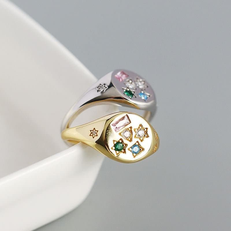 Geometric Colourful CZ Stars Rectangle 925 Sterling Silver Adjustable Ring