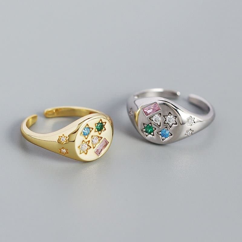 Geometric Colourful CZ Stars Rectangle 925 Sterling Silver Adjustable Ring