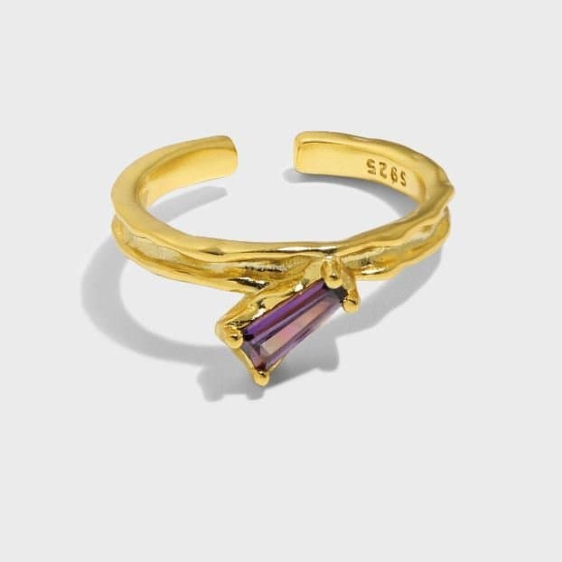 Geometric Purple CZ Stick 925 Sterling Silver Adjustable Ring