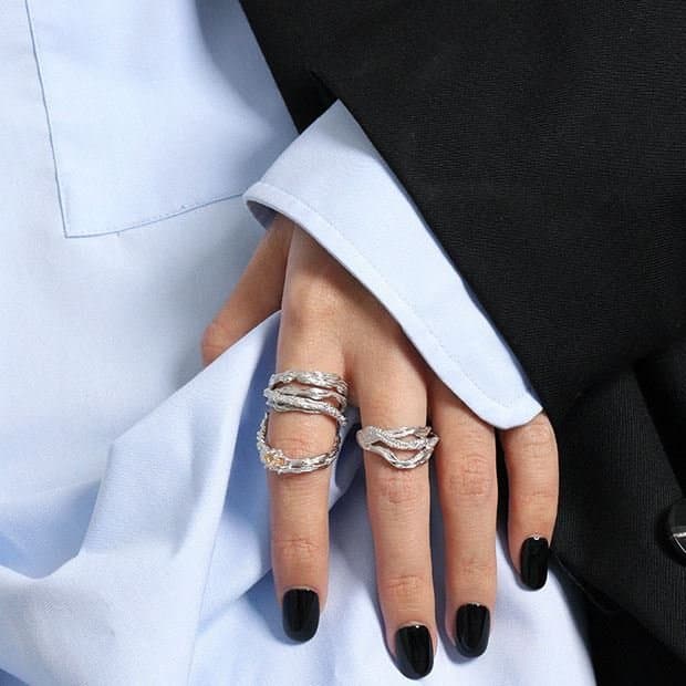Wide Multi Layer Irregular 925 Sterling Silver Adjustable Ring